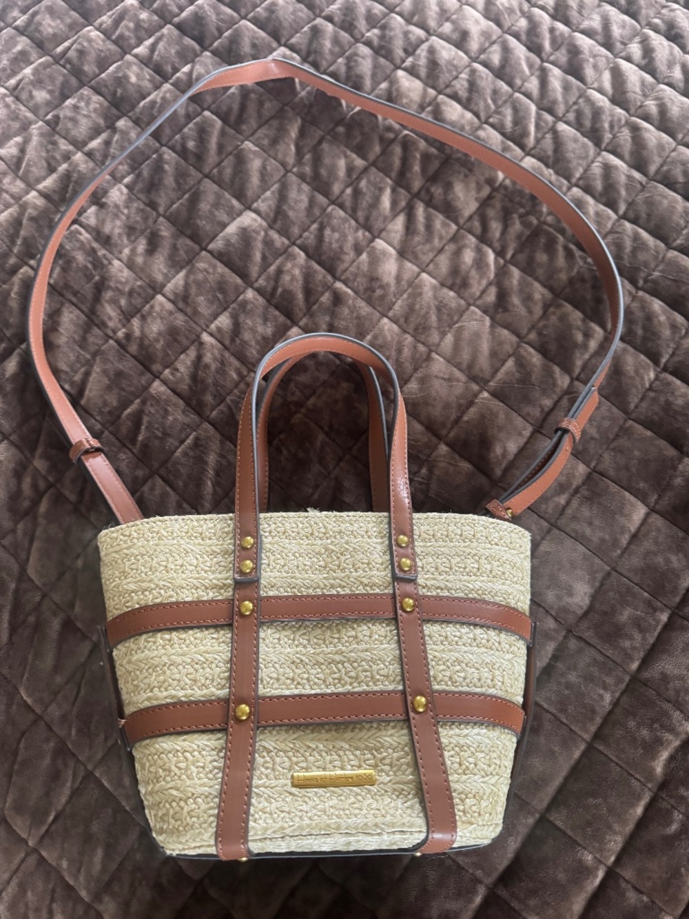 House of Harlow 1960 Straw Crossbody Tote with Brown Trim